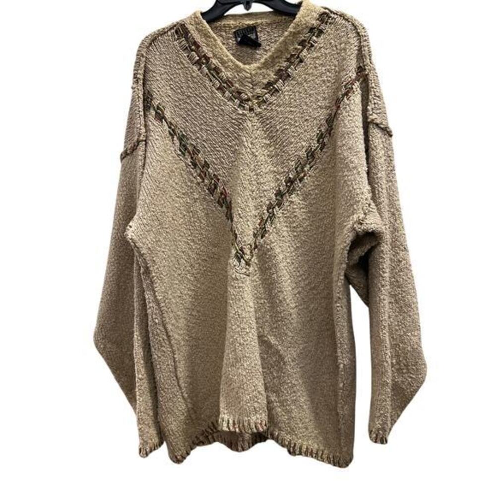 ROBERT COMSTOCK ENDURANCE Vintage chunky tan sweater contrast stitching sz XL